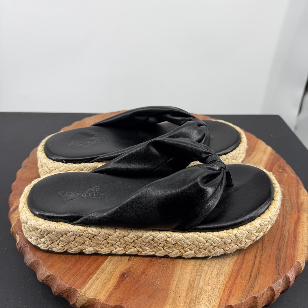 NAKED FEET Costa Platform Sandals jute soles thong flip flops sz 6.5 black